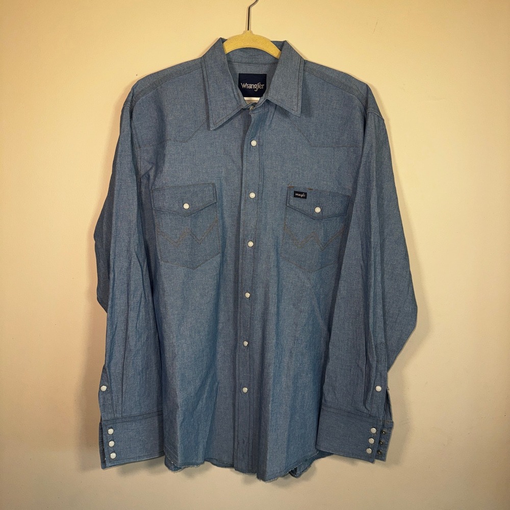 Wrangler Mens Western Denim Snap Down Shirt Blue XL MS709CH Raw Hem Long Sleeve